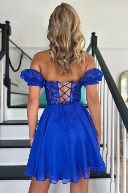 Off-Shoulder Lace Corset Fit-and-Flare Mini Dress