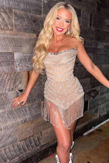 Strapless Beaded Corset Fringe Mini Dress
