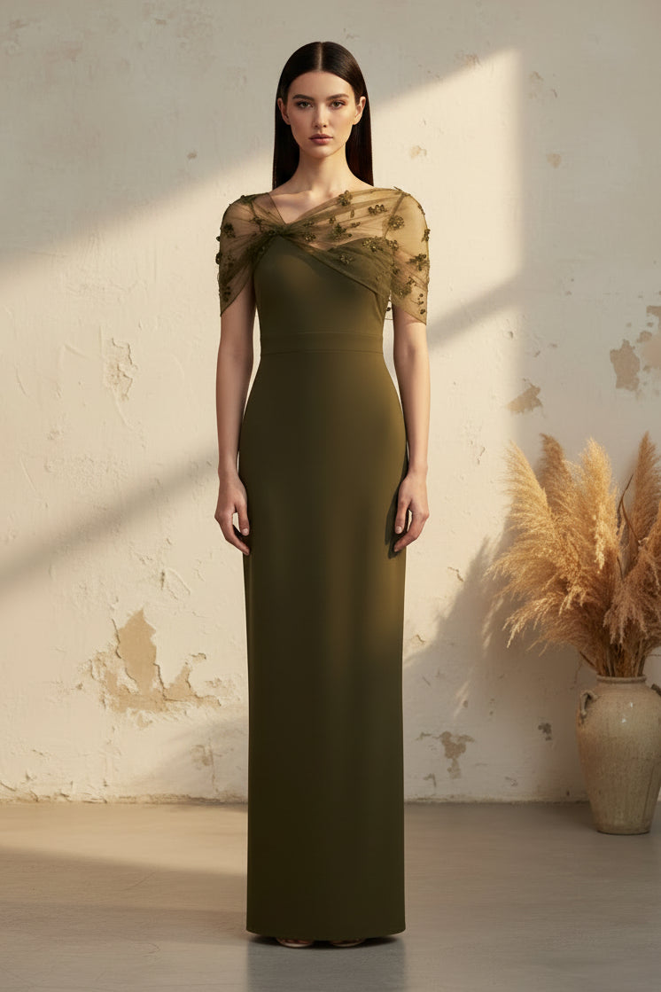 Off-the-Shoulder Column Gown with 3D Florals