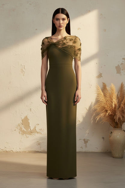 Off-the-Shoulder Column Gown with 3D Florals