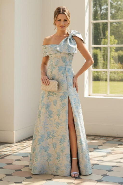 Floral Jacquard One Shoulder Gown with Bow Detail