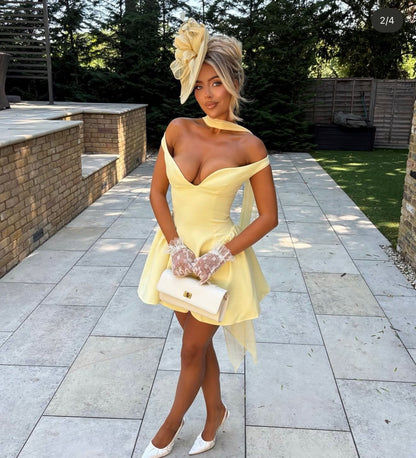 Off-The-Shoulder Sweetheart Satin Mini Dress