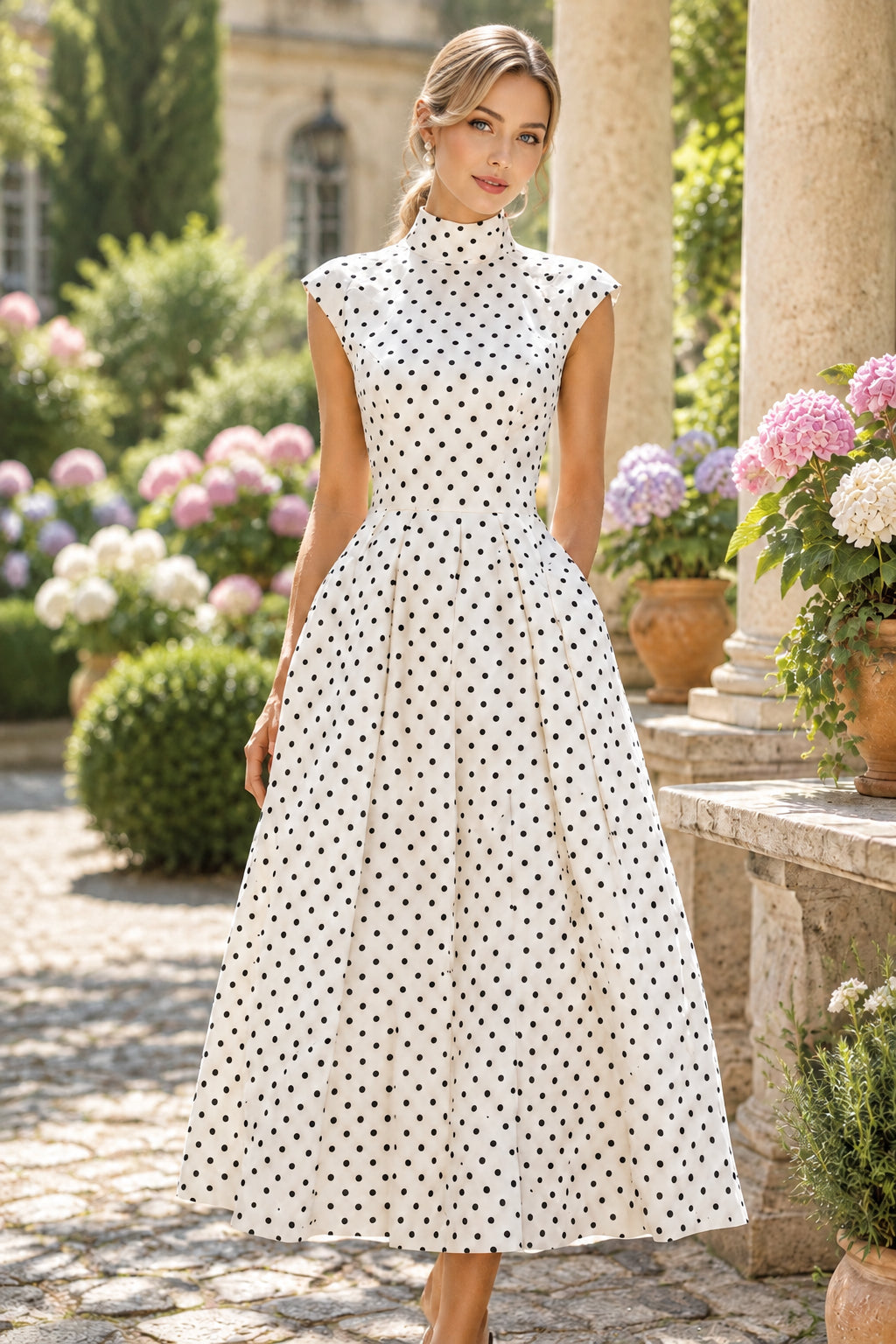 High-Neck Polka Dot Pleated Midi Dress