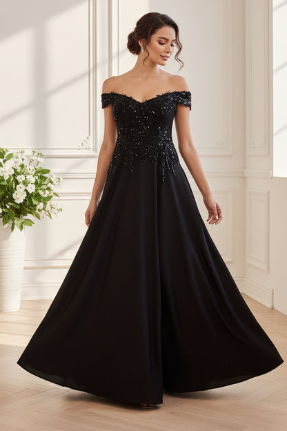 Off Shoulder Beaded Lace Applique A-Line Gown