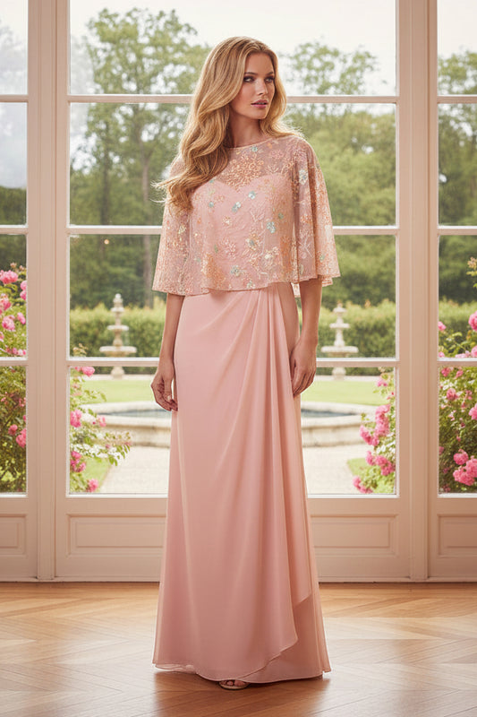 Floral Embroidered Cape Overlay Evening Gown