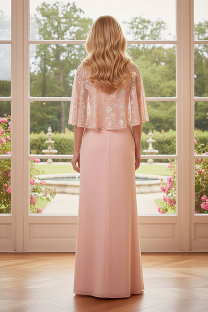 Floral Embroidered Cape Overlay Evening Gown