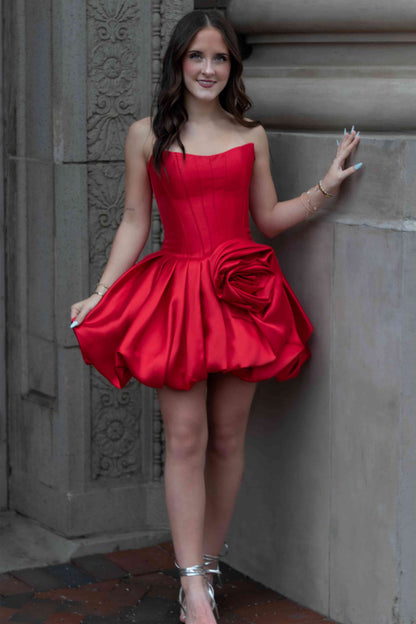 Strapless Corset Bubble Skirt Mini Dress with 3D Rose