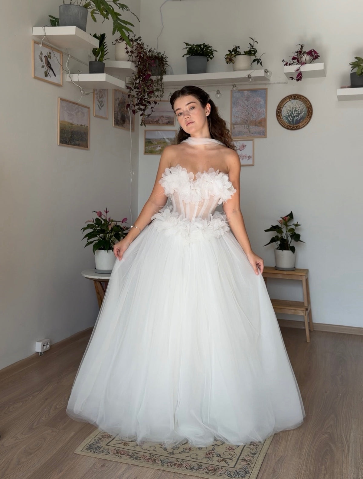 3D Floral Corset Tulle Ball Gown Wedding Dress