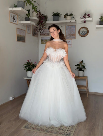 3D Floral Corset Tulle Ball Gown Wedding Dress