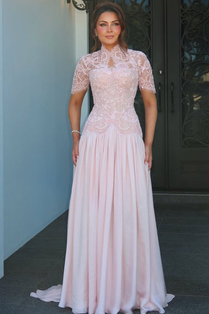 High Neck Lace Bodice A-Line Gown with Short Sleeves