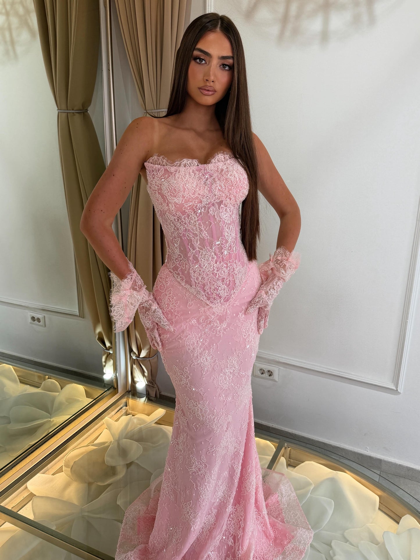 Strapless Lace Mermaid Evening Gown with Corset Bodice