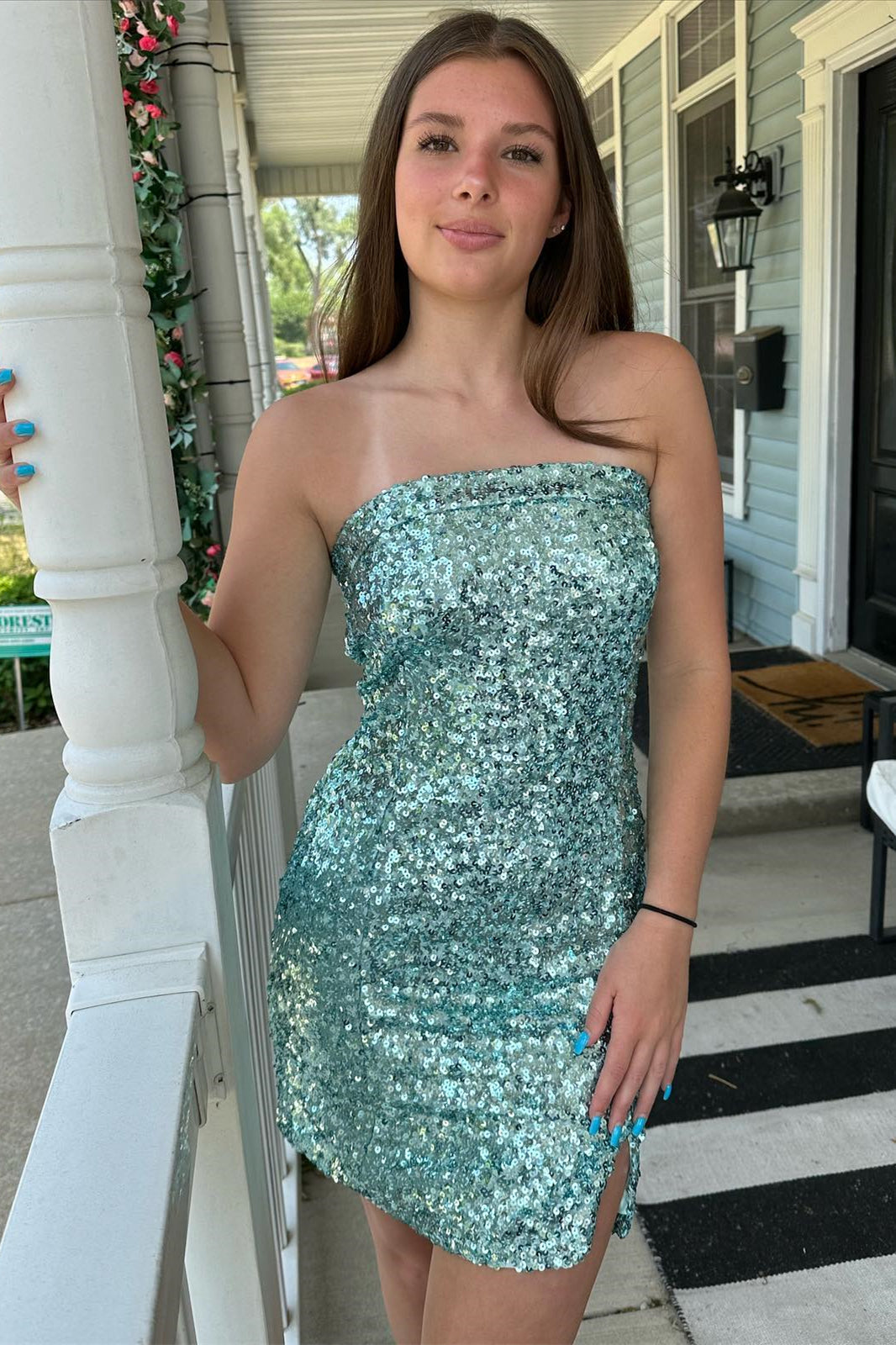 Strapless Sequin Mini Dress with Side Slit
