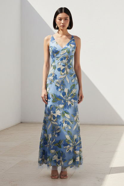 Floral Embroidered Sequined Maxi Dress
