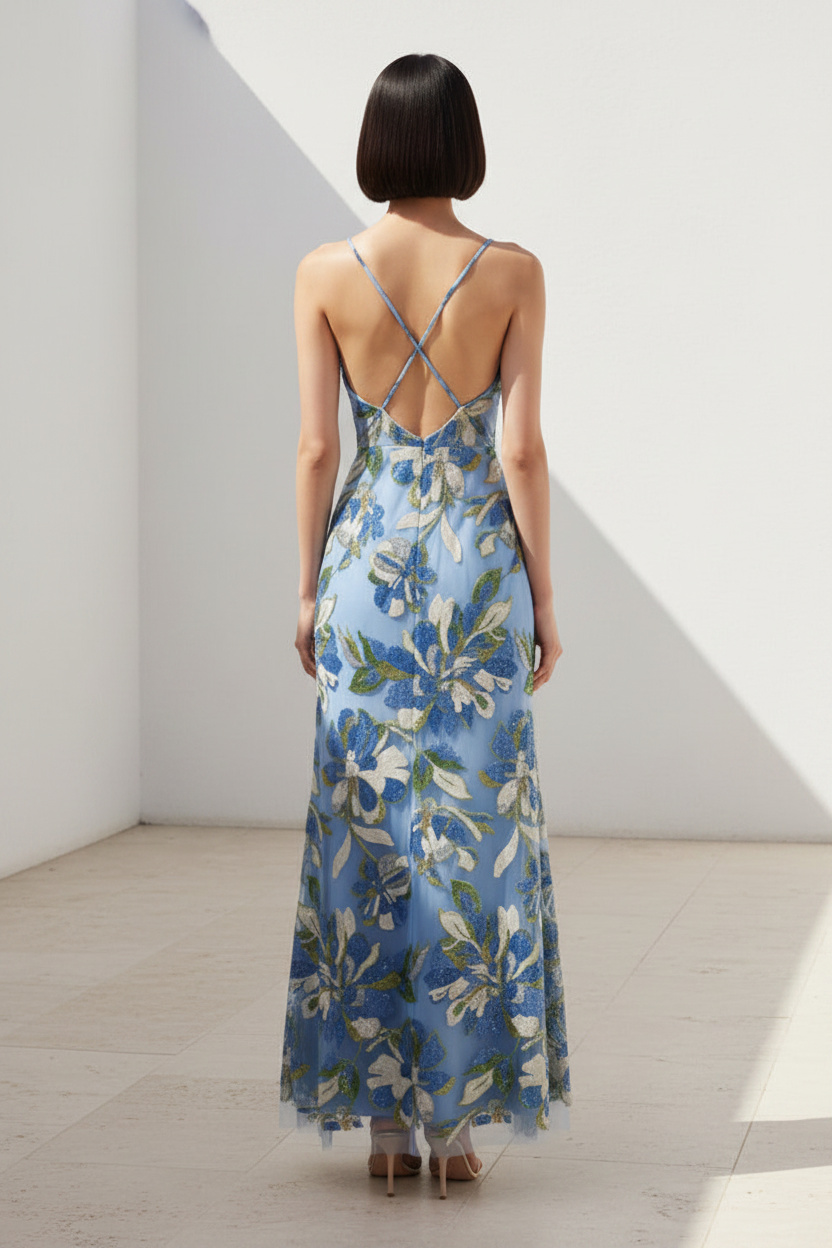 Floral Embroidered Sequined Maxi Dress