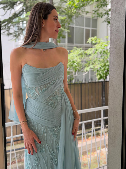 Strapless Pleated Corset Evening Gown with Side Draping