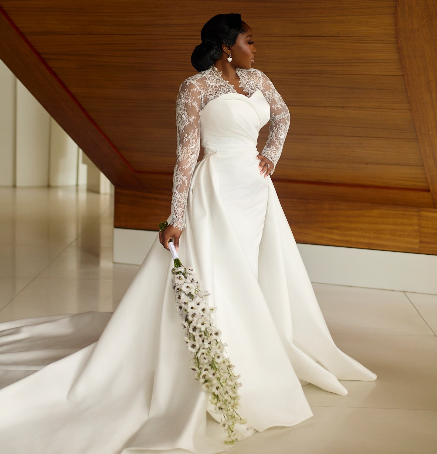 Lace Long Sleeve Satin Wedding Dress with Overskirt