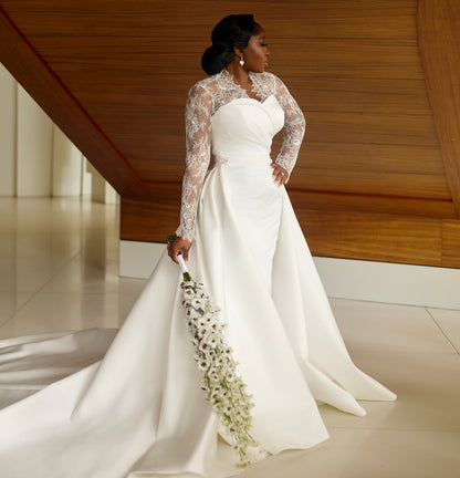 Lace Long Sleeve Satin Wedding Dress with Overskirt
