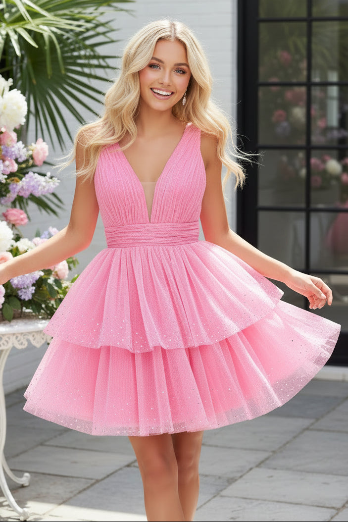 Tiered Tulle Deep V-Neck Short Dress
