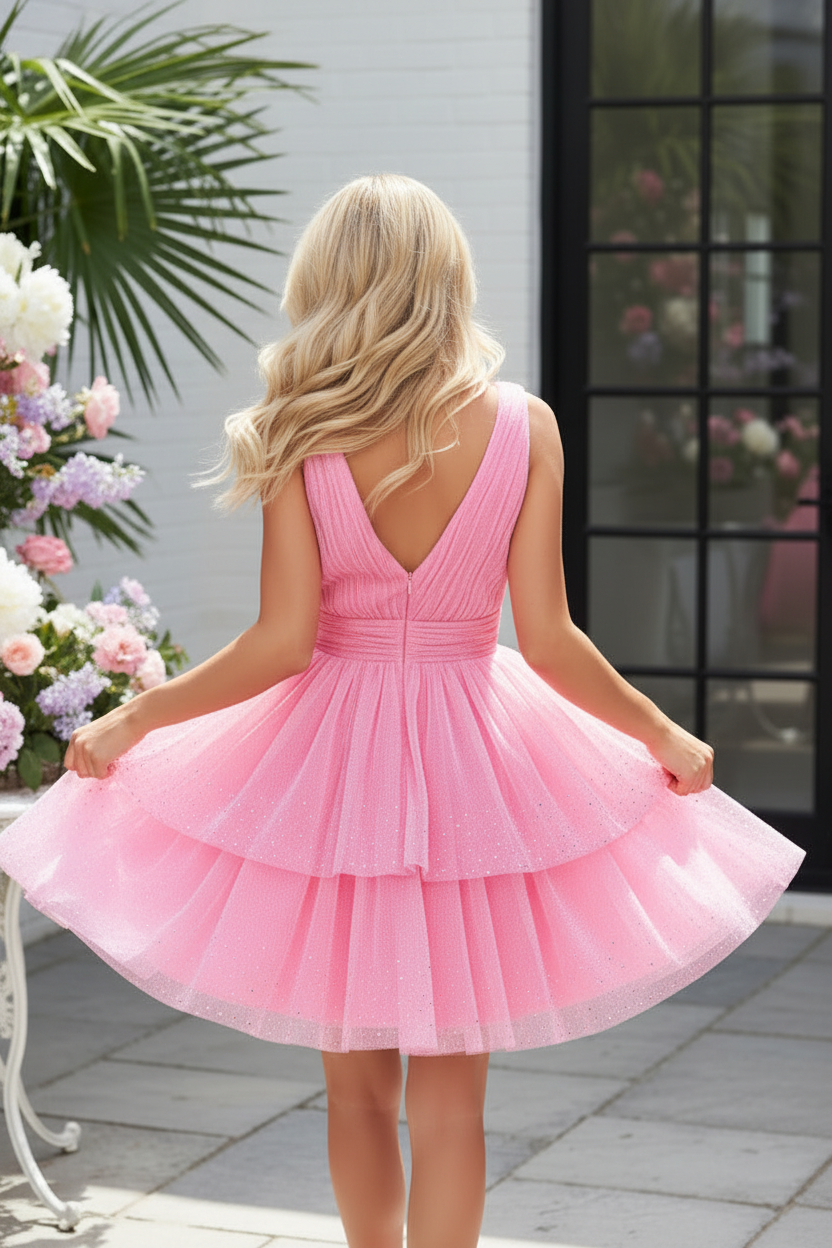 Tiered Tulle Deep V-Neck Short Dress