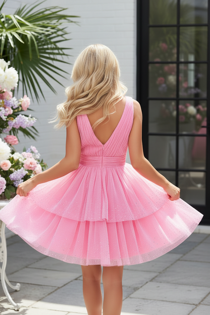 Tiered Tulle Deep V-Neck Short Dress
