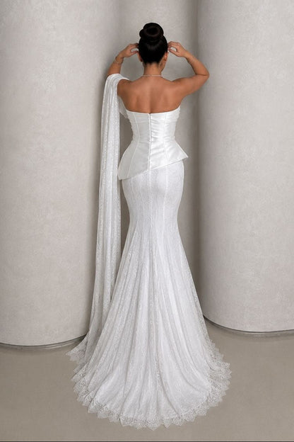Peplum Bodice Lace Mermaid Gown with Shoulder Drape