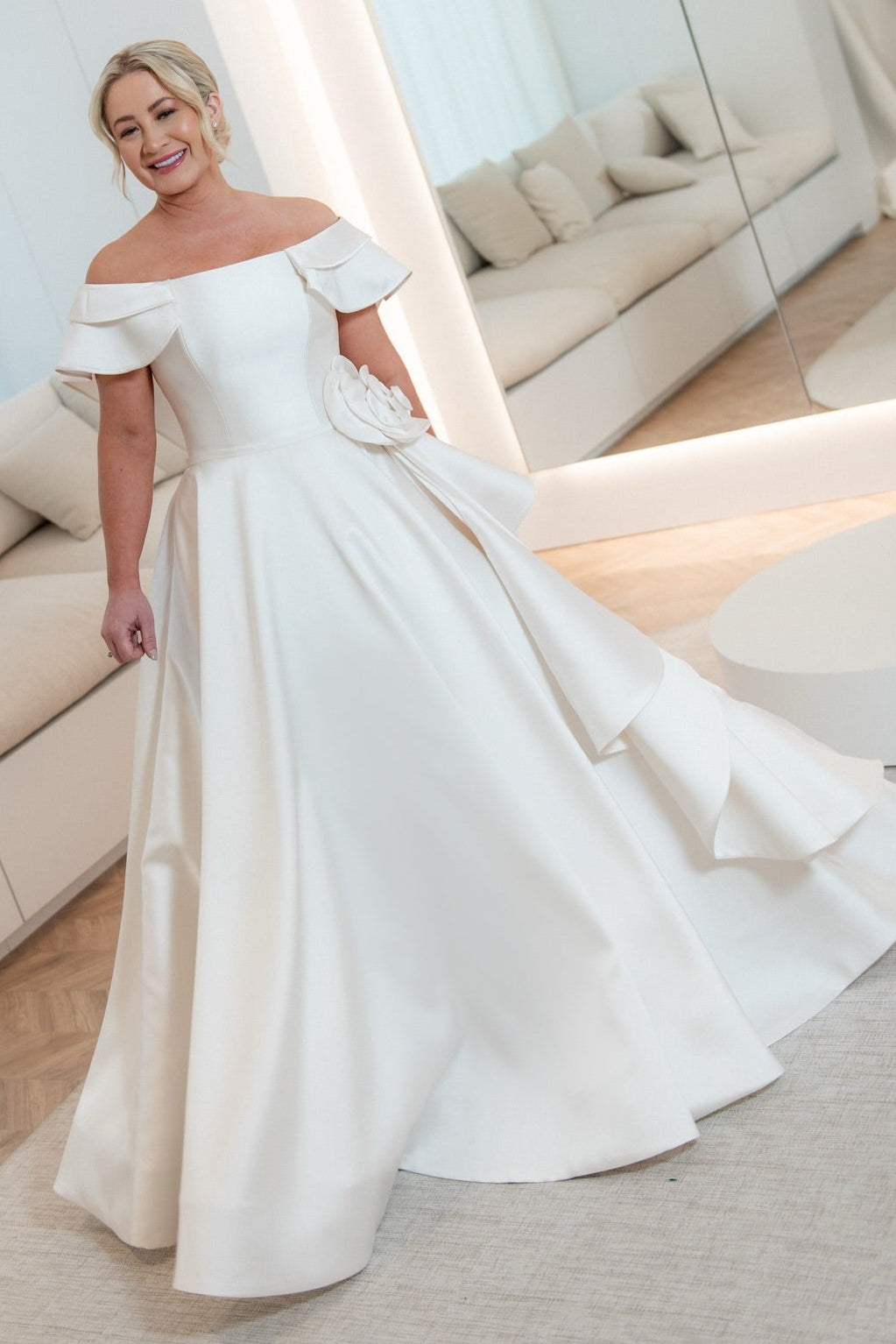 Off-Shoulder Satin A-Line Wedding Dress with 3D Flower