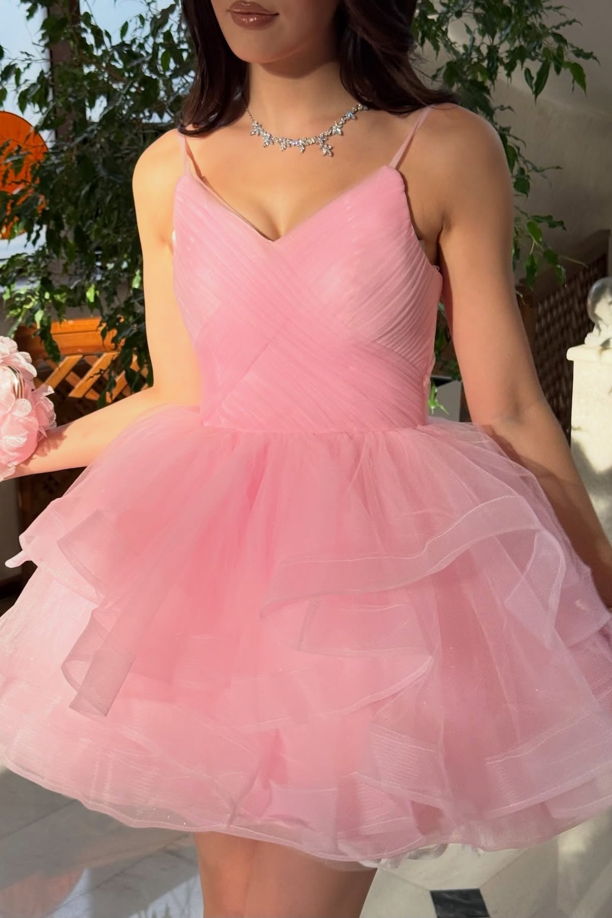 Tiered Ruffle Tulle Mini Dress with Lace-Up Back