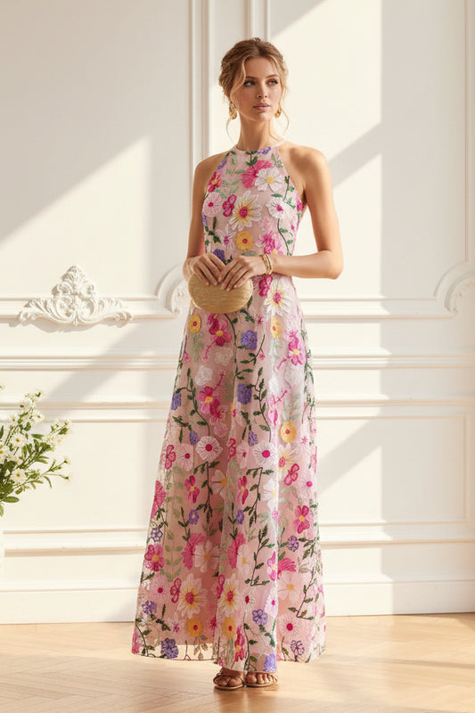Floral Embroidered Halter Maxi Dress