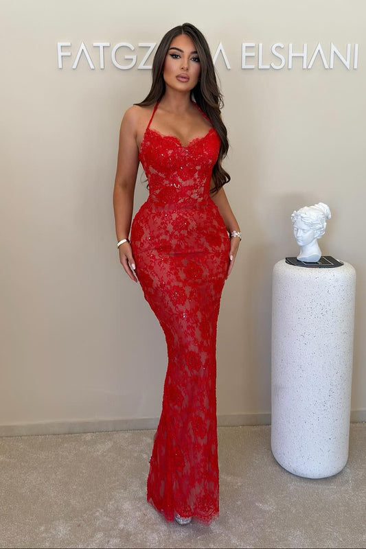 Halter Neck Lace Sheath Evening Gown
