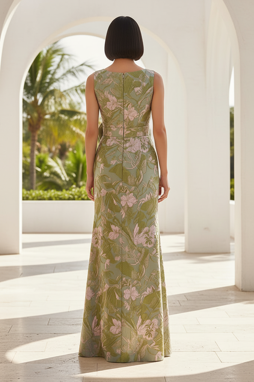 Sleeveless Floral Jacquard Gown with 3D Flower Detail