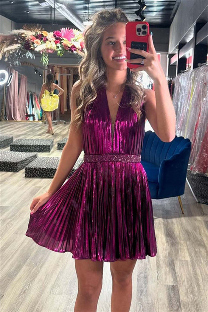 Pleated Metallic Plunge Mini Dress with Open Back