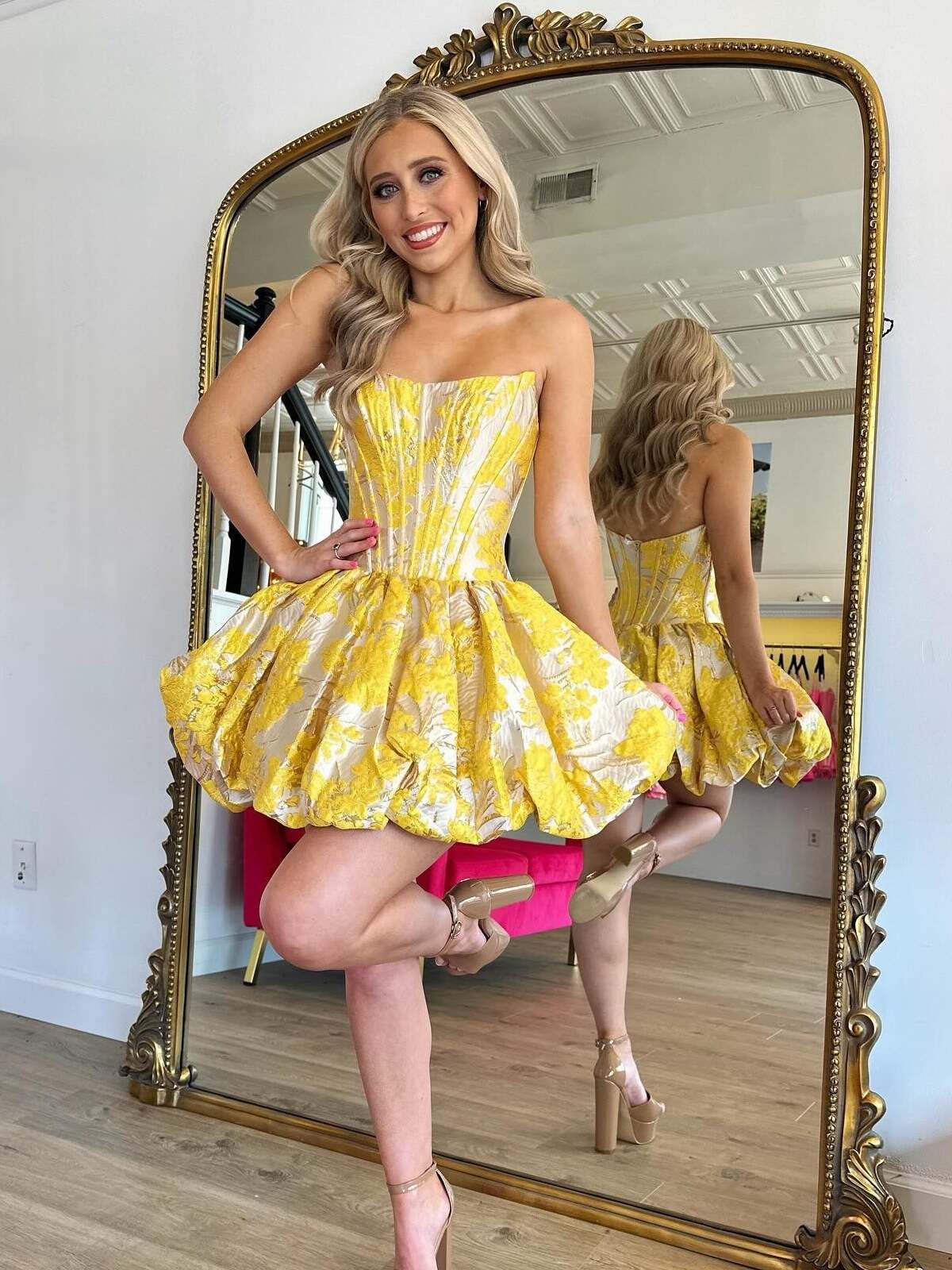 Strapless Corset Jacquard Bubble Skirt Mini Dress