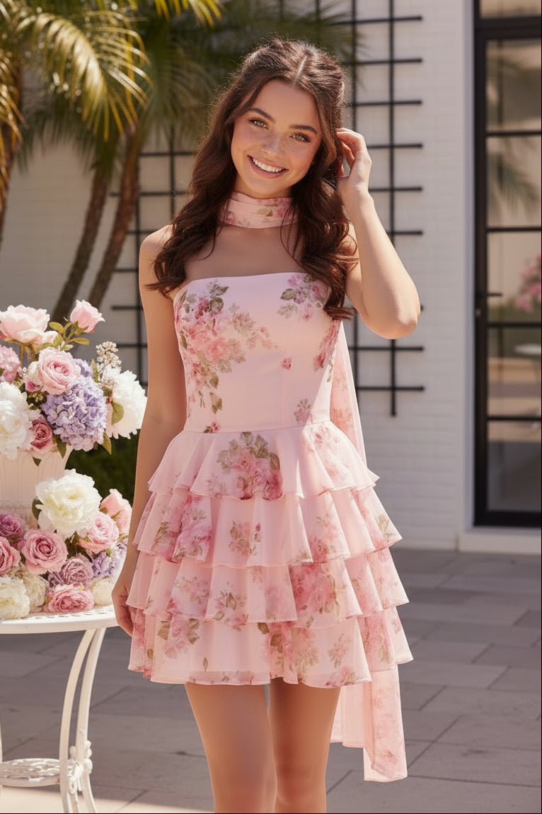 Floral Strapless Tiered Mini Dress with Matching Sash
