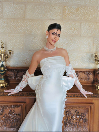 Strapless Satin Wedding Dress with Lace Train