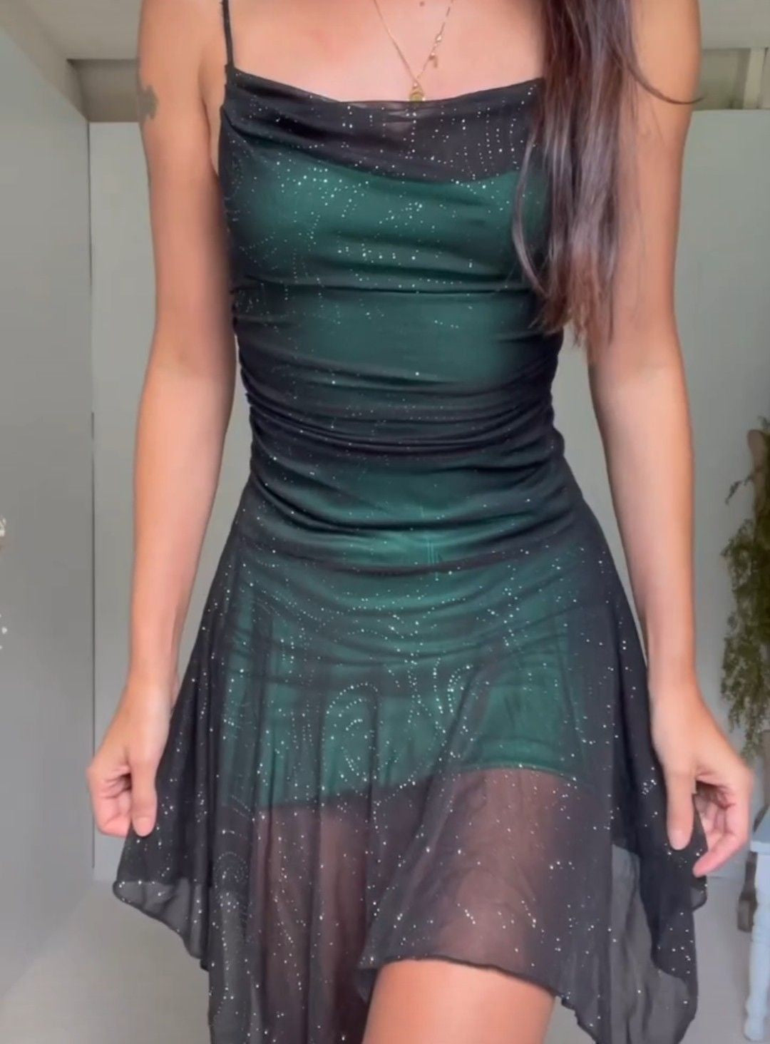 Cowl Neck Ruched Glitter Mesh Mini Dress