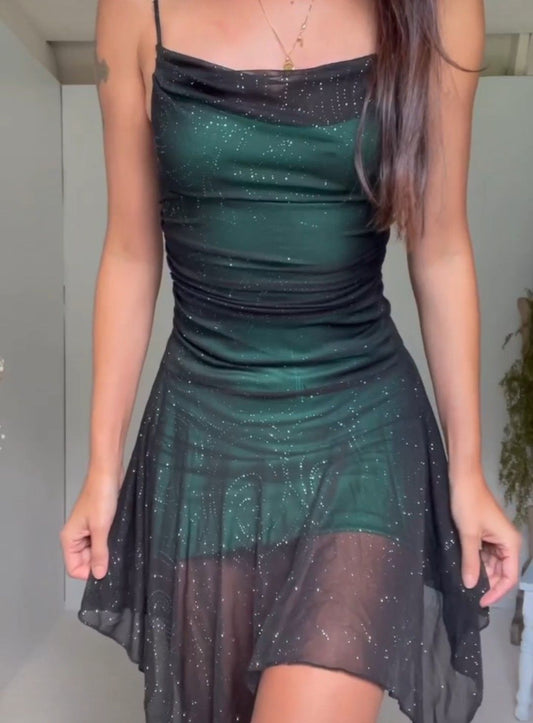 Cowl Neck Ruched Glitter Mesh Mini Dress