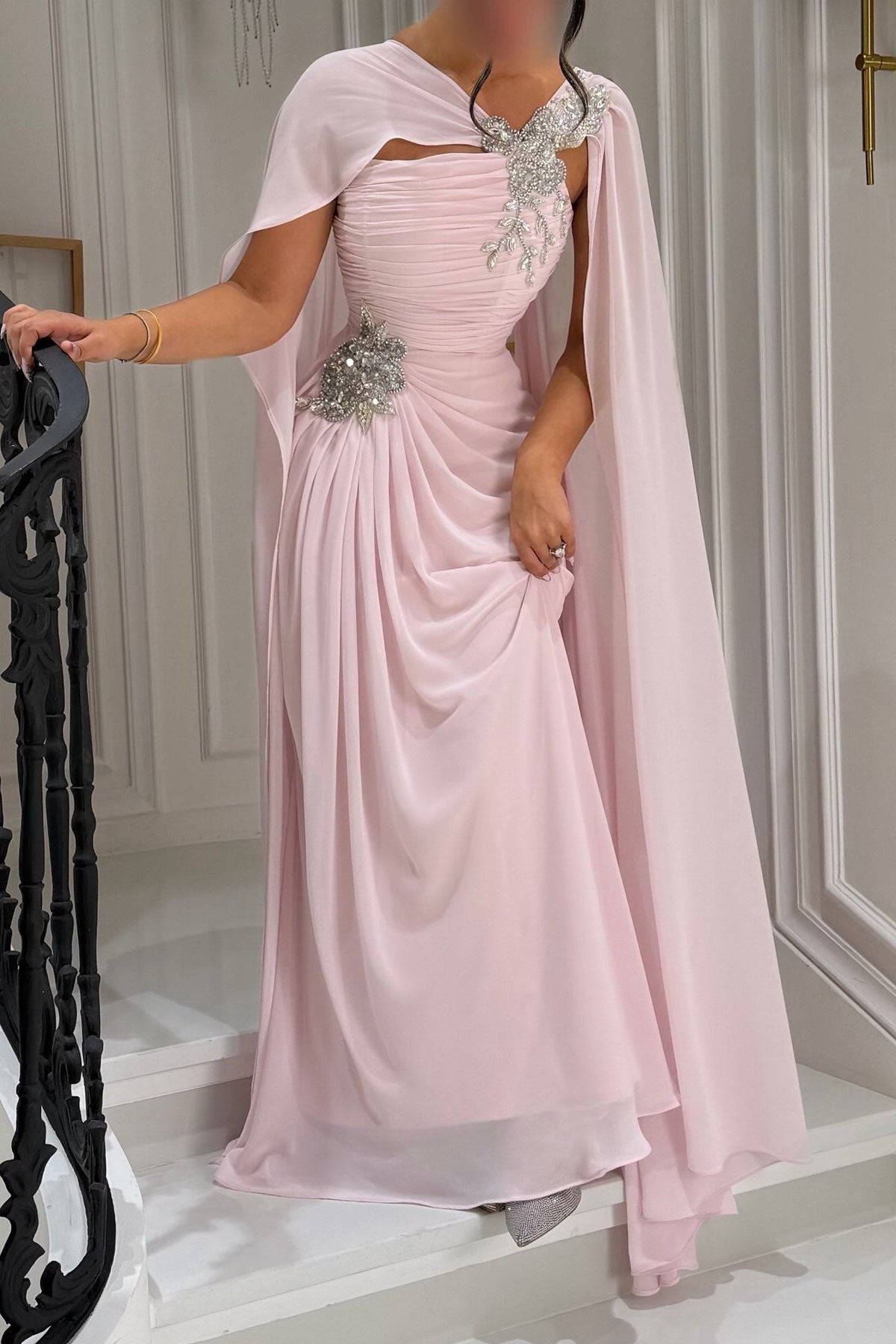 Ruched Evening Gown with Cape and Embellishments