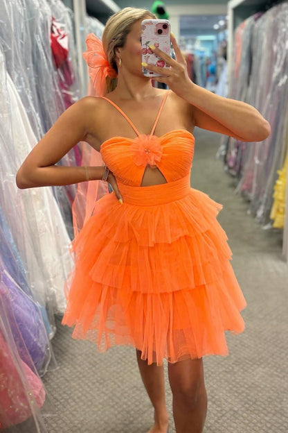 Tiered Tulle Sweetheart Mini Dress with 3D Flower