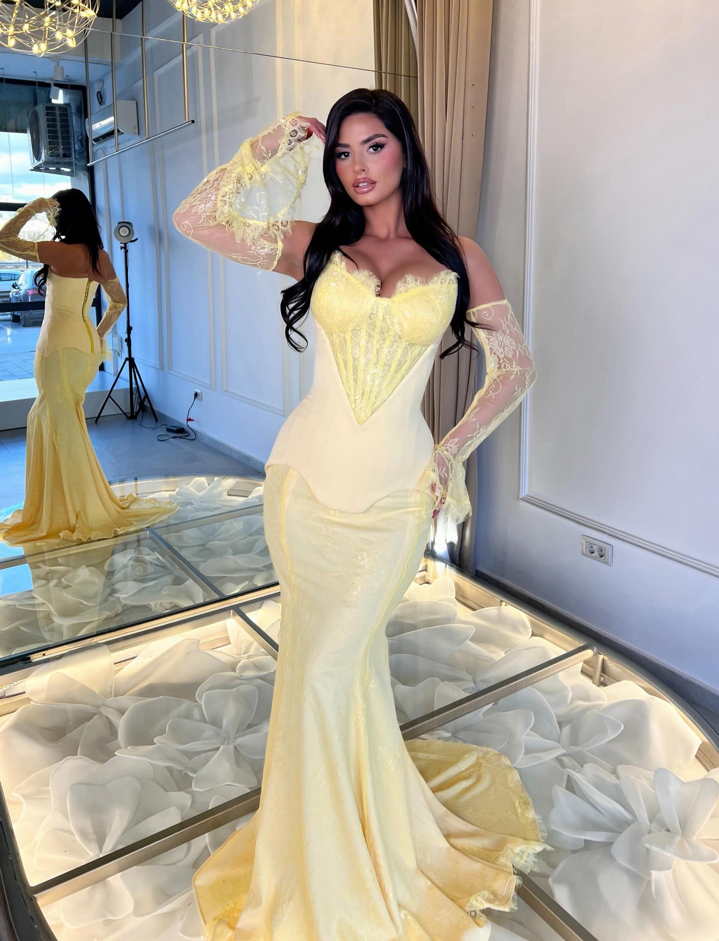 Corset Mermaid Evening Gown with Lace Sleeves