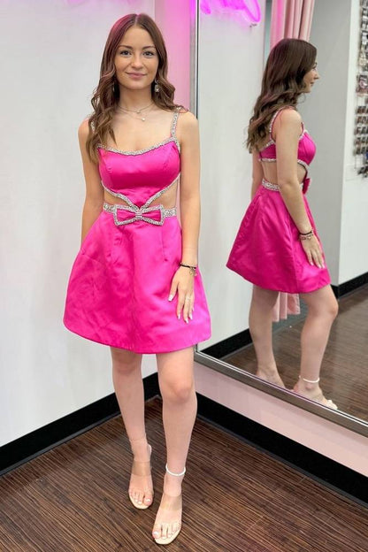 Satin Cut-Out Mini Dress with Rhinestone Trim