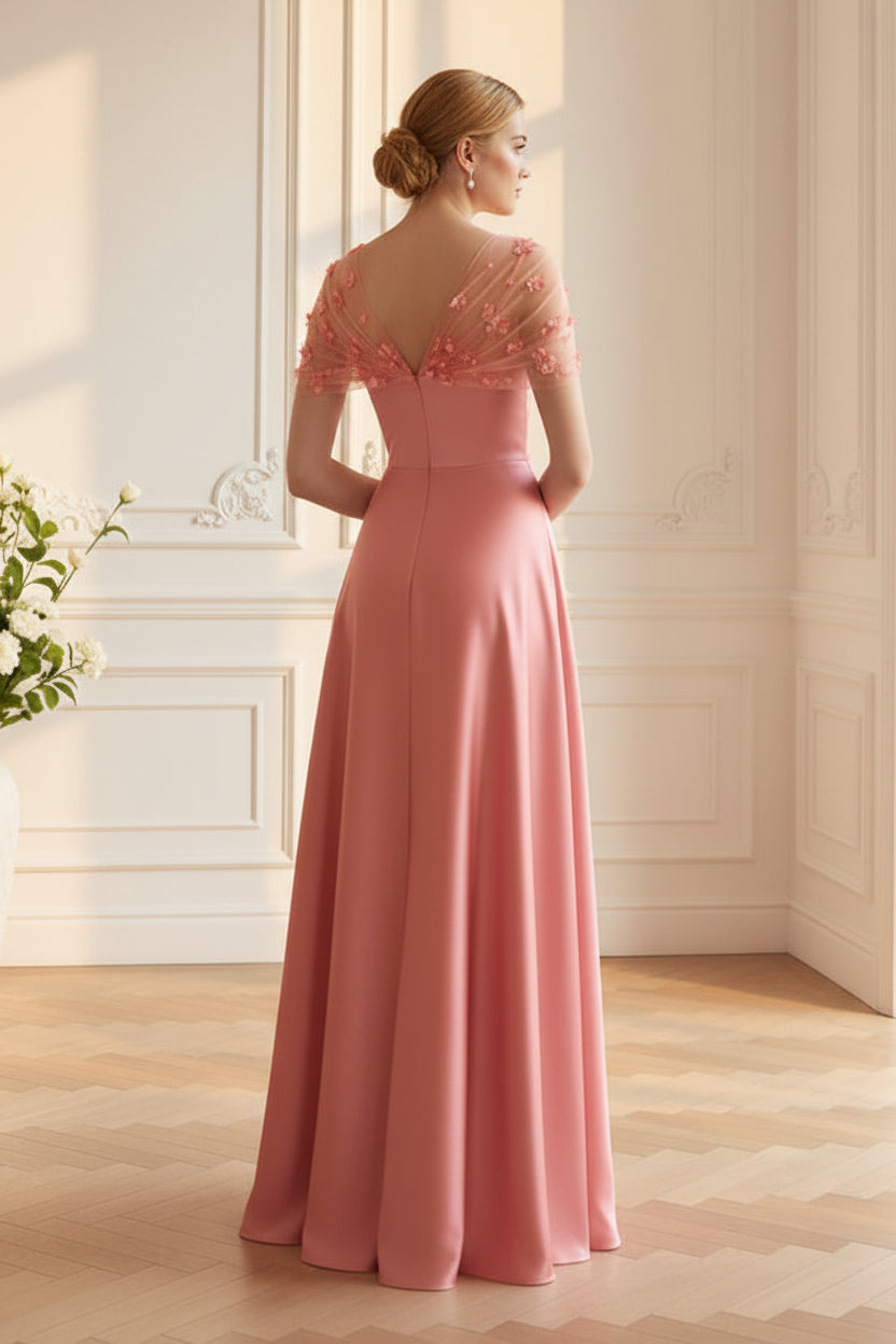 Ruched Satin A-Line Gown with 3D Floral Capelet