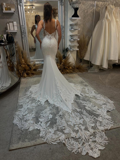 Plunging Deep V-Neck Mermaid Wedding Dress with Lace Train