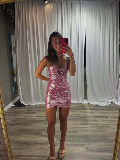 Strapless Metallic Ruched Mini Dress with Keyhole