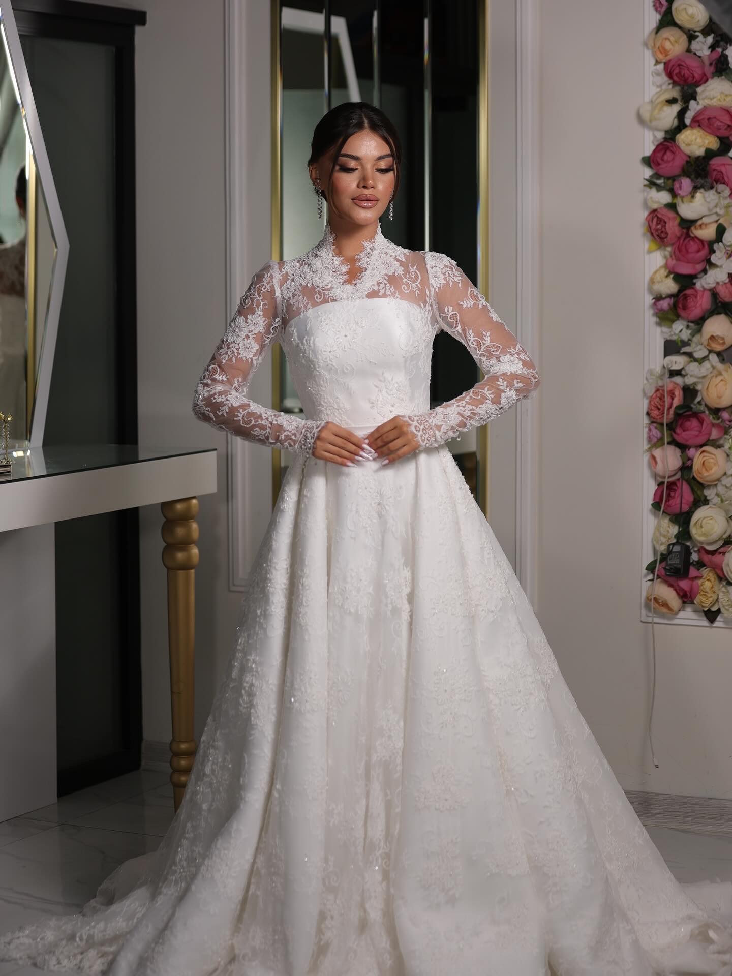 High-Neck Lace A-Line Wedding Dress with Long Sleeves