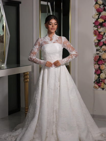 High-Neck Lace A-Line Wedding Dress with Long Sleeves