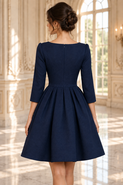 Bateau Neck Long Sleeve Pleated A-Line Dress