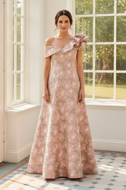 Asymmetrical Floral Jacquard A-Line Evening Gown