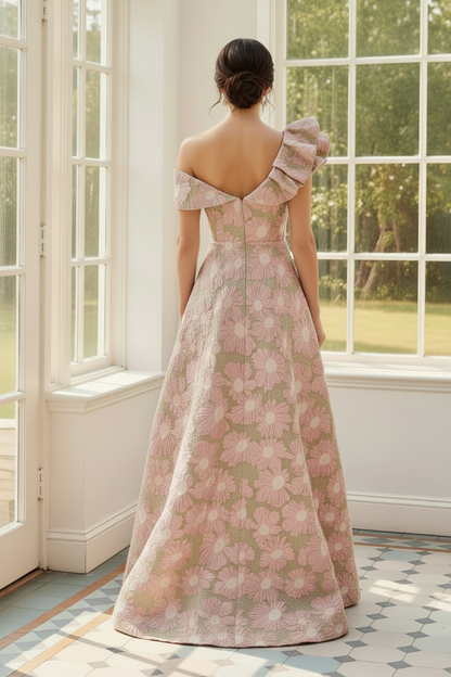 Asymmetrical Floral Jacquard A-Line Evening Gown