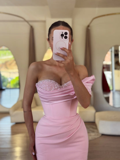 Off-the-Shoulder Corset Evening Gown with Beaded Bust