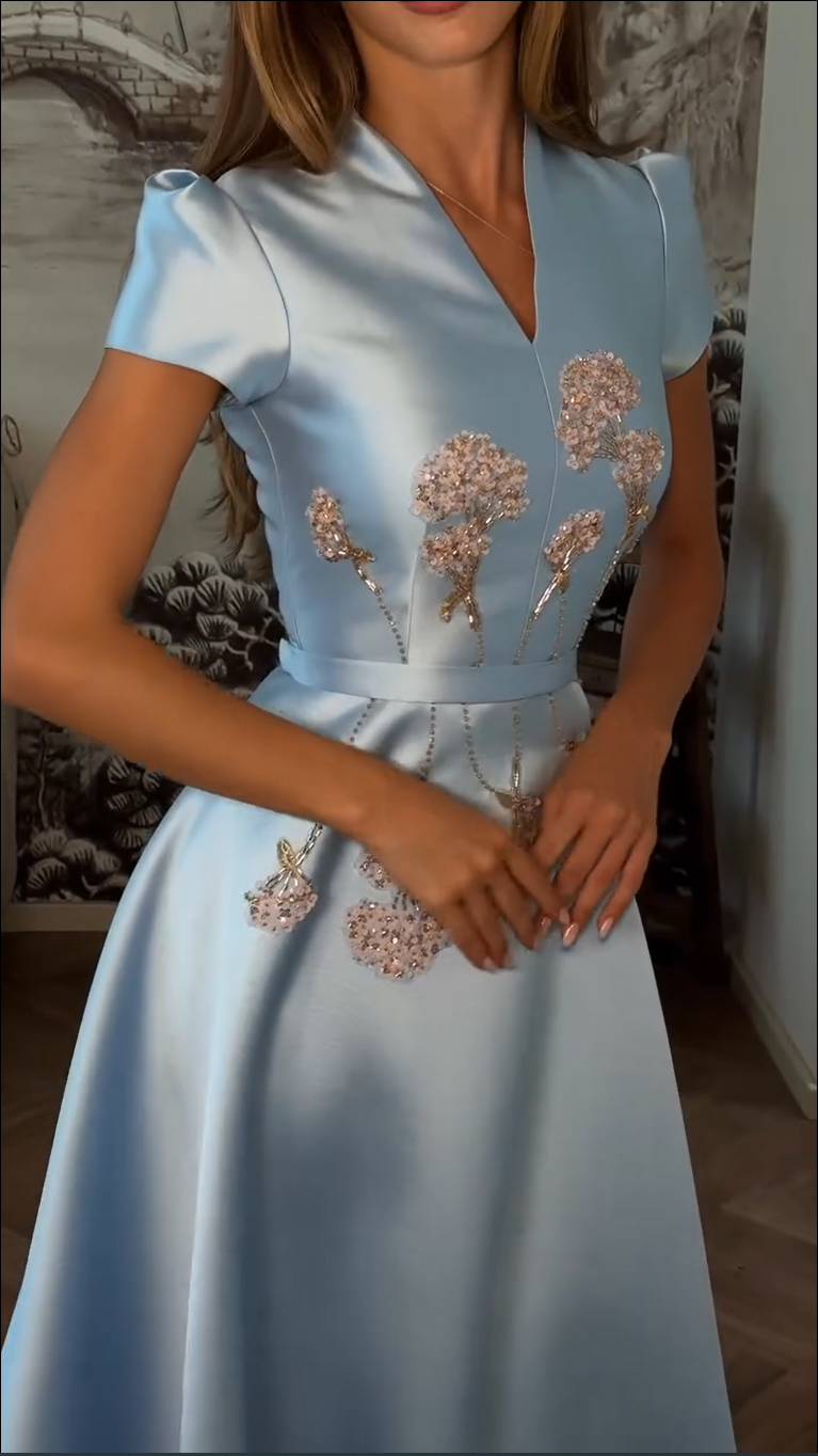 Embroidered Satin A-Line Ankle-Length Dress
